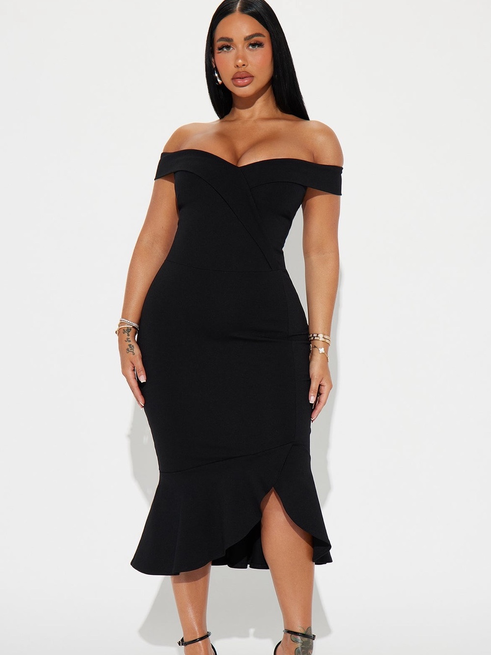 Fashion Nova Black One-Shoulder Midi Dress with Ruffle Hem